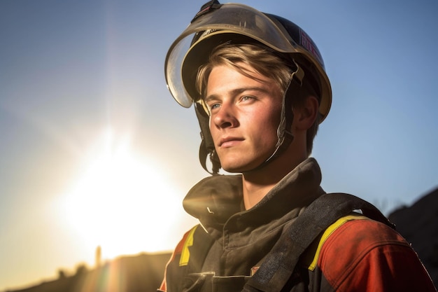 Porträt eines jungen Feuerwehrmanns in voller Montur mit der Sonne im Rücken, erstellt mit generativer KI
