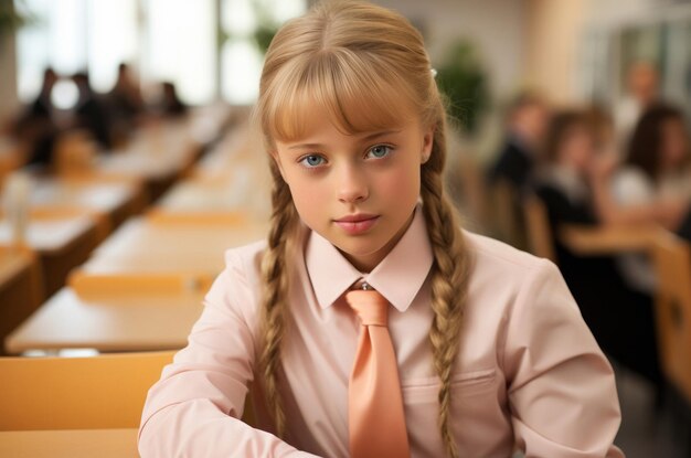 Porträt eines jungen, freundlichen Grundschülermädchens im Klassenzimmer