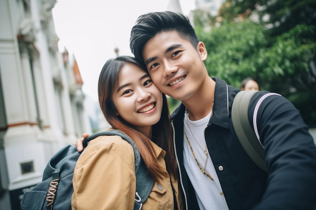 Porträt eines jungen, glücklichen asiatischen Touristenpaares in lässiger Kleidung, das ein Selfie macht, während sie in Ban reisen