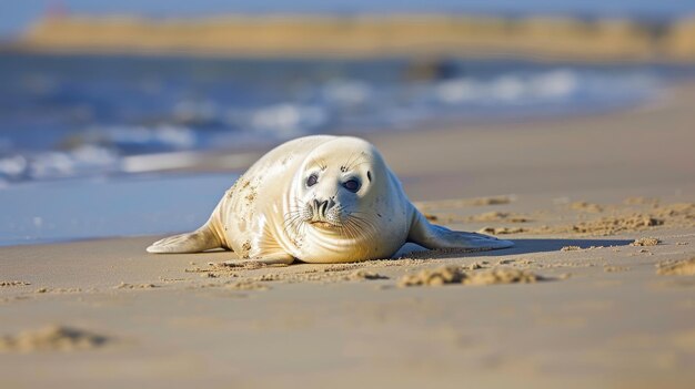 Porträt eines jungen grauen Robbentieres, das an einem sonnigen Tag auf dem Sand des Strandes liegt