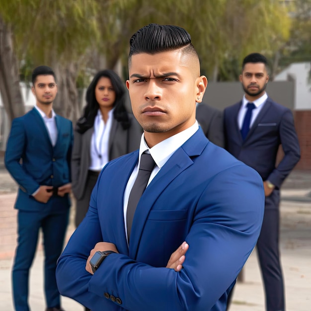 Porträt eines jungen, gutaussehenden indischen Geschäftsmannes mit seinem Team im Hintergrund