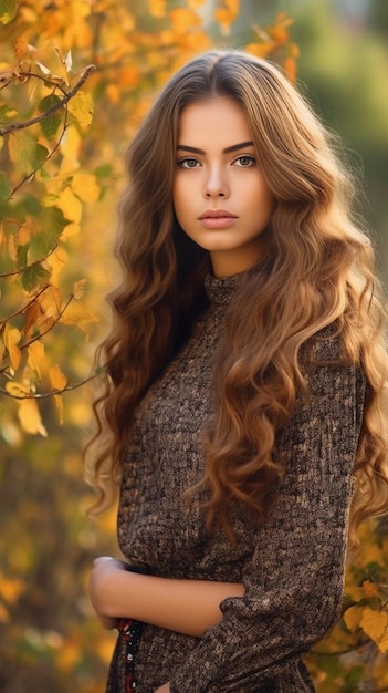 Porträt eines jungen, hübschen, langhaarigen Mädchens, das vor einem herbstlichen Hintergrund posiert. Kopierraum Generative KI