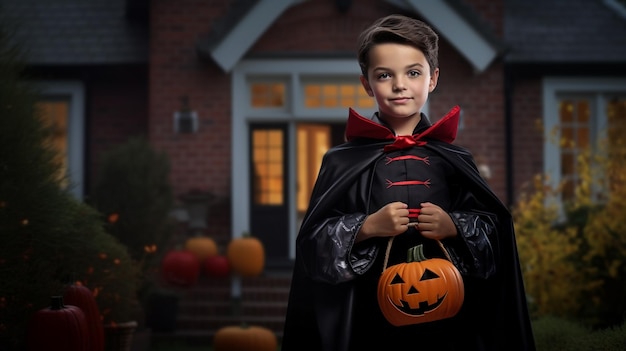 Porträt eines Jungen im Halloween-Kostüm, der vor dem Haus steht