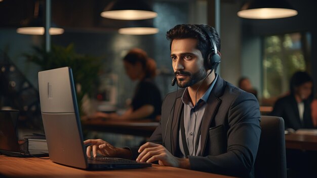 Porträt eines jungen indischen Callcenter-Betreibers, der seine Arbeit mit einem Headset erledigt