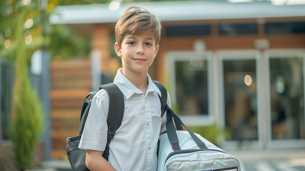 Porträt eines jungen Jungen mit einem Rucksack, der im Freien steht