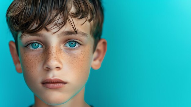 Porträt eines jungen Jungen mit Freckles und blauen Augen Er schaut mit einem ernsten Gesichtsausdruck in die Kamera Der Hintergrund ist hellblau
