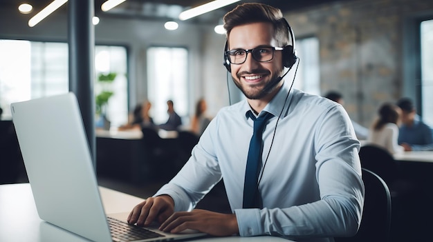 Porträt eines jungen kaukasischen Call-Center-Betreibers, der seine Arbeit mit einem Headset erledigt