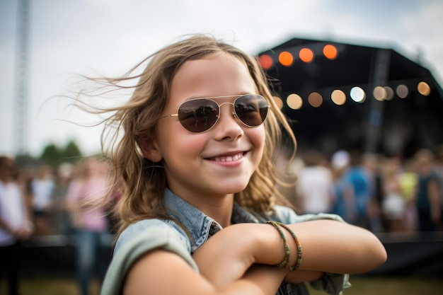 Porträt eines jungen Mädchens, das ein mit generativer KI erstelltes Musikkonzert genießt