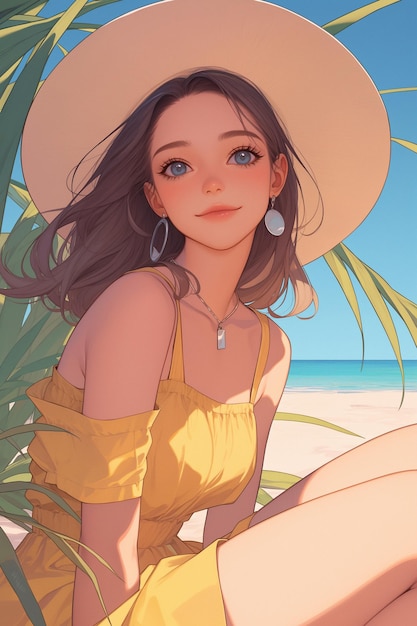 Porträt eines jungen Mädchens in einem Strohhut entspannt sich im Sommer im Urlaub am Strand am Meer im Anime-Stil