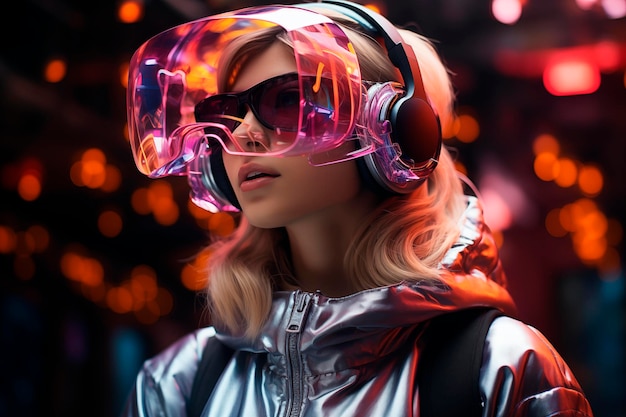 Porträt eines jungen Mädchens mit einer virtuellen Realitätsbrille im Metaverse
