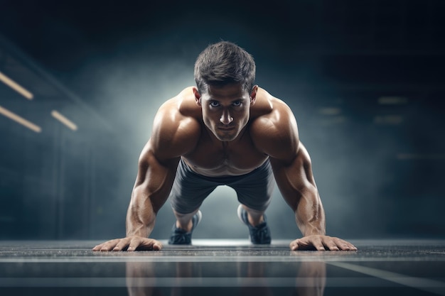 Porträt eines jungen Mannes, der als Teil des Bodybuilding-Trainings Pushups macht Athlet in Startposition KI-generiert