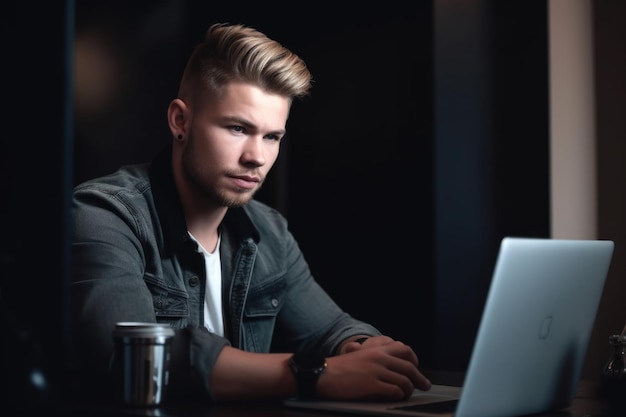 Porträt eines jungen Mannes, der einen Laptop benutzt, während er in einem Büro arbeitet, das mit generativer KI erstellt wurde