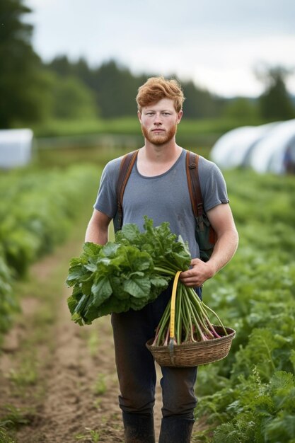 Foto porträt eines jungen mannes, der frisch gepflückte produkte trägt, während er auf seinem bauernhof arbeitet