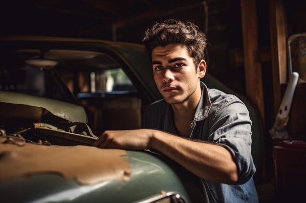 Porträt eines jungen Mannes, der in seiner Garage an einem Oldtimer arbeitet, erstellt mit generativer KI