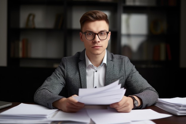 Porträt eines jungen Mannes, der Papierkram in der Hand hält, bevor er an seinem Schreibtisch arbeitet, erstellt mit generativer KI