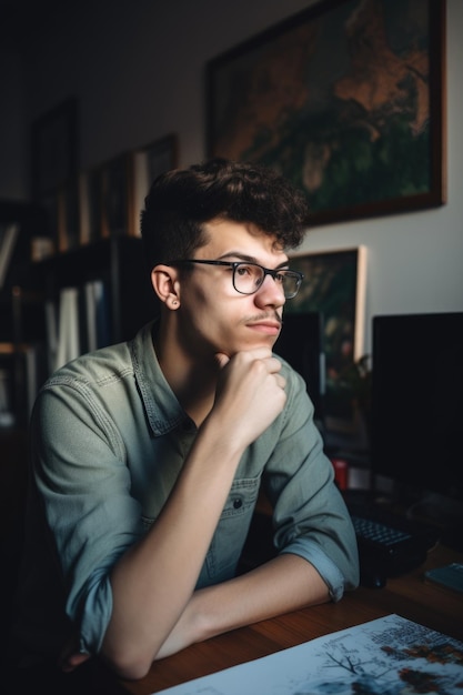 Porträt eines jungen Mannes, der zu Hause an einem Grafikdesignprojekt arbeitet, das mit generativer KI erstellt wurde