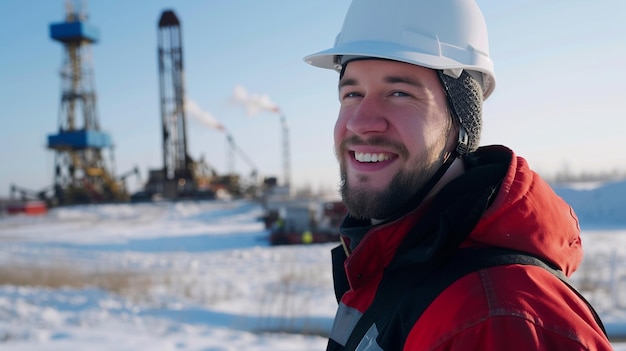Porträt eines jungen Mannes in einem weißen Helm vor dem Hintergrund der Öl- und Gasproduktion