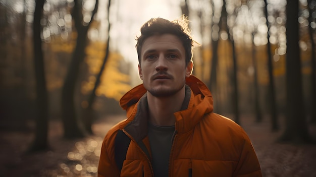 Porträt eines jungen Mannes in einer orangefarbenen Jacke im Herbstwald