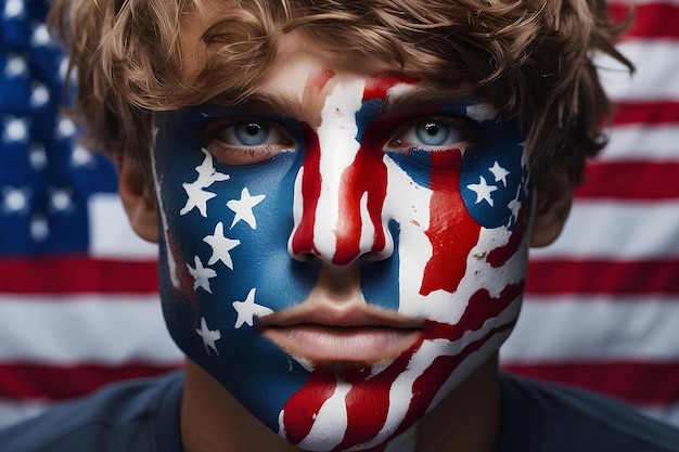 Foto porträt eines jungen mannes mit dem gesicht in den farben der usa-flagge gemalt, der bei einer wahl stimmt