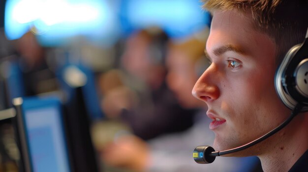 Porträt eines jungen Mannes mit Headset, der im Call-Center als Kundendienstmitarbeiter arbeitet