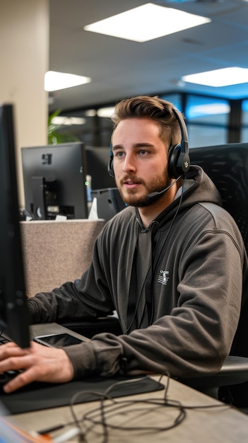 Porträt eines jungen Mannes mit Headset, der im Callcenter am Computer arbeitet