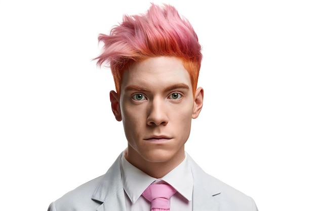 Porträt eines jungen Mannes mit rosa Haaren isoliert auf weißem Hintergrund