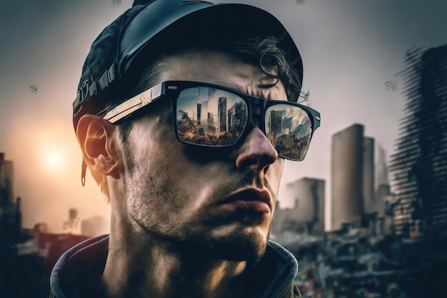 Porträt eines jungen Mannes mit Sonnenbrille spiegelt die wundersame Reflexion der Stadt wider