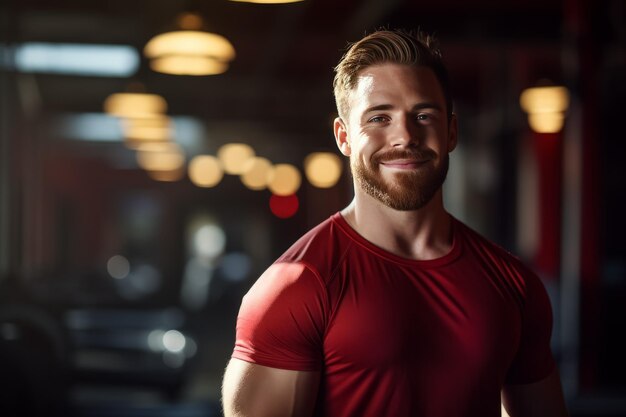 Foto porträt eines jungen muskulösen mannes, der sich im fitnessstudio ausruht, während er in die kamera schaut