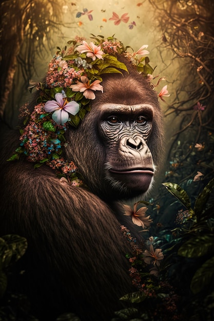 Porträt eines jungen niedlichen Gorillas mit Blumen auf dem Kopf, der mitten im Dschungel sitzt Generative ai