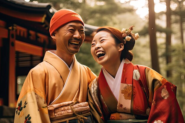 Foto porträt eines jungen paares in yukata, das zusammen unter dem kirschblütenbaum steht