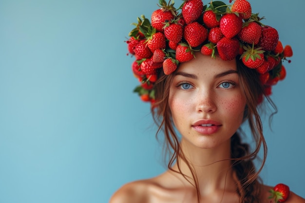 Foto porträt eines jungen schönheitsmädchens mit roten erdbeeren auf dem kopf auf blauem studio-hintergrund