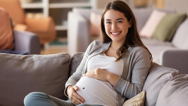 Porträt eines jungen schwangeren Mädchens sitzt auf dem Sofa und genießt ihre Unterkunft