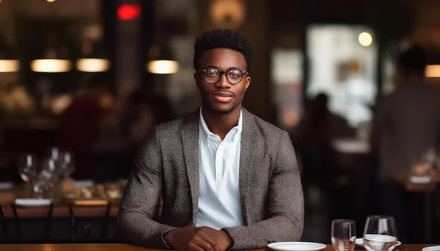 Porträt eines jungen schwarzen Mannes mit Brille in einem Restaurant
