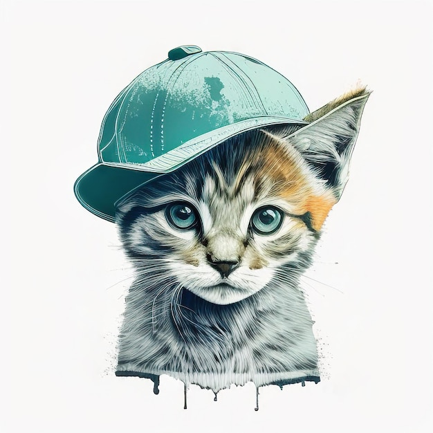 Porträt eines Kätzchens mit blauer Mütze auf weißem Hintergrund Das Konzept eines Kunstbildes zum Drucken Generiert ai