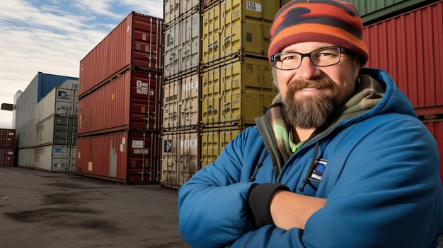 Foto porträt eines kaukasischen industrieingenieurs in einem containerlager im hafen, auf das er offen blickt