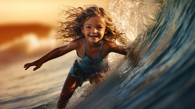 Foto porträt eines kaukasischen jungen langhaarigen, lockigen mädchens, das auf einer welle auf bali surft.