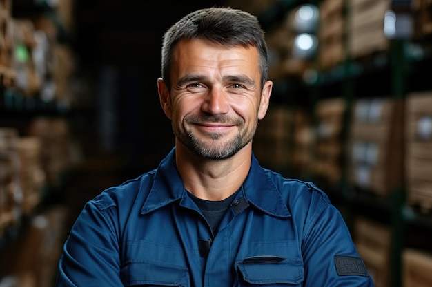 Porträt eines kaukasischen Mannes in blauer Arbeitsuniform, der in einem Lagerhaus arbeitet