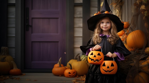 Foto porträt eines kindes im halloween-kostüm, das vor dem haus steht