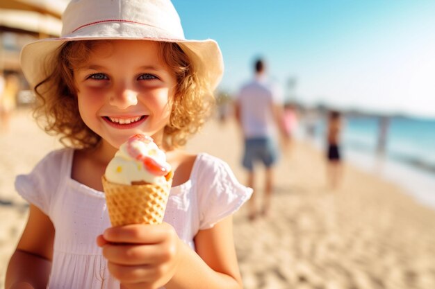 Porträt eines kleinen fröhlichen Mädchens mit Eis im Sommer