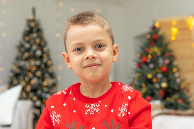 Porträt eines kleinen glücklichen Jungen in einem roten Weihnachtspullover auf dem Hintergrund des Weihnachtsbaums