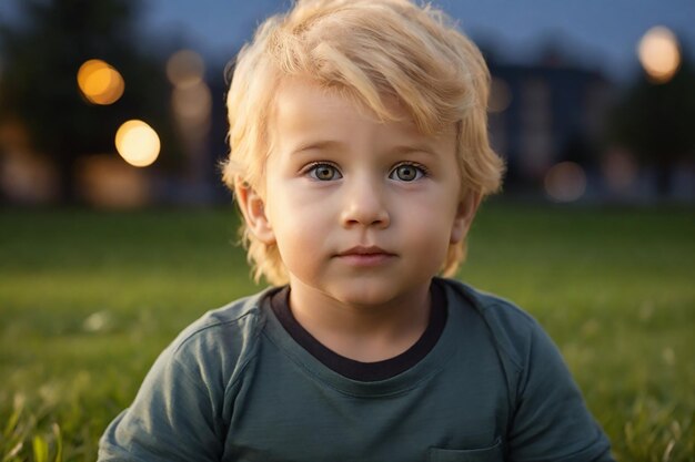 Porträt eines kleinen Jungen auf dem Gras im Park auf Nahaufnahme