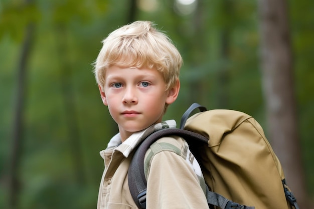 Porträt eines kleinen Jungen, der seinen Rucksack auf dem Rücken trägt, erstellt mit generativer KI