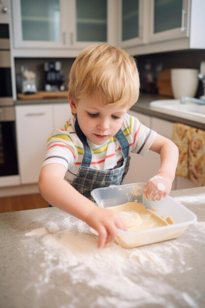 Porträt eines kleinen Jungen, der zu Hause beim Backen hilft