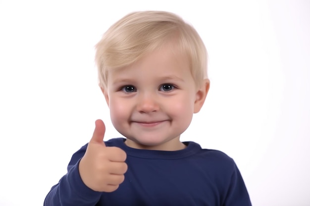 Porträt eines kleinen Jungen im Alter von 24 Jahren, der den Daumen nach oben auf einem weißen Hintergrund zeigt, generative KI