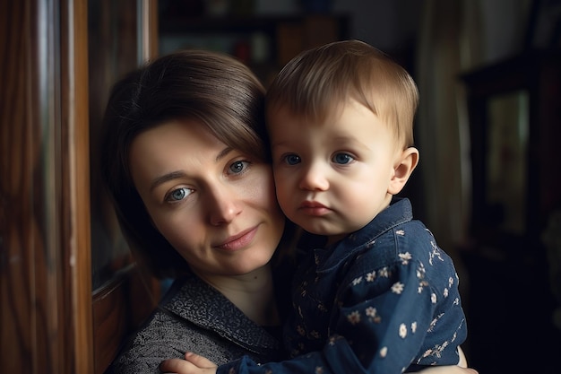 Porträt eines kleinen Jungen in den Armen seiner Mutter zu Hause, erstellt mit generativer KI