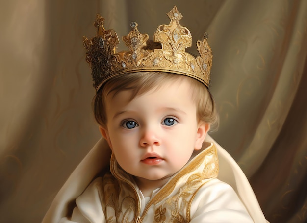 Porträt eines kleinen Jungen in einer goldenen Krone auf braunem Hintergrund