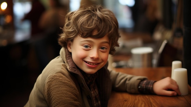 Foto porträt eines kleinen jungen mit down-syndrom, der in einem café sitzt und lächelt