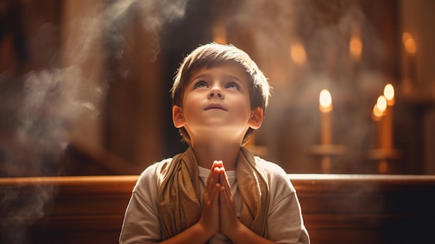 Porträt eines kleinen Jungen mit einem betenden Gott