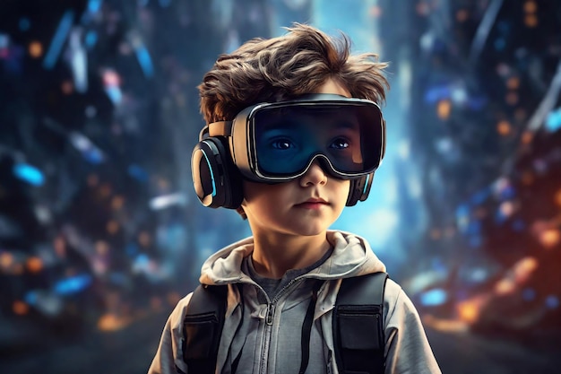 Porträt eines kleinen Jungen mit einer virtuellen Realitätsbrille in einer dynamischen futuristischen Welt