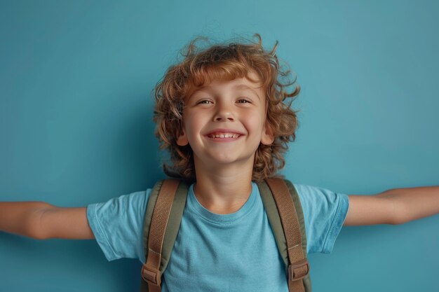 Porträt eines kleinen Jungen mit Rucksack auf blauem Hintergrund